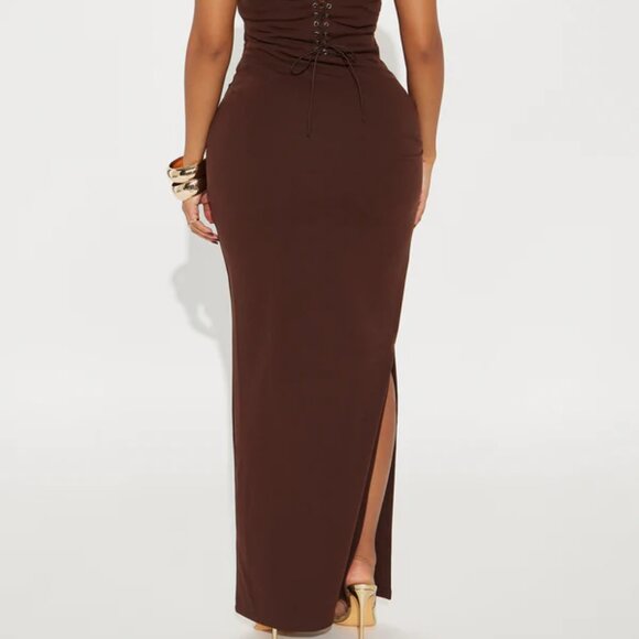 Off white formal dress. Chocolate brown strapless lace up back gown - Picture 5 of 8